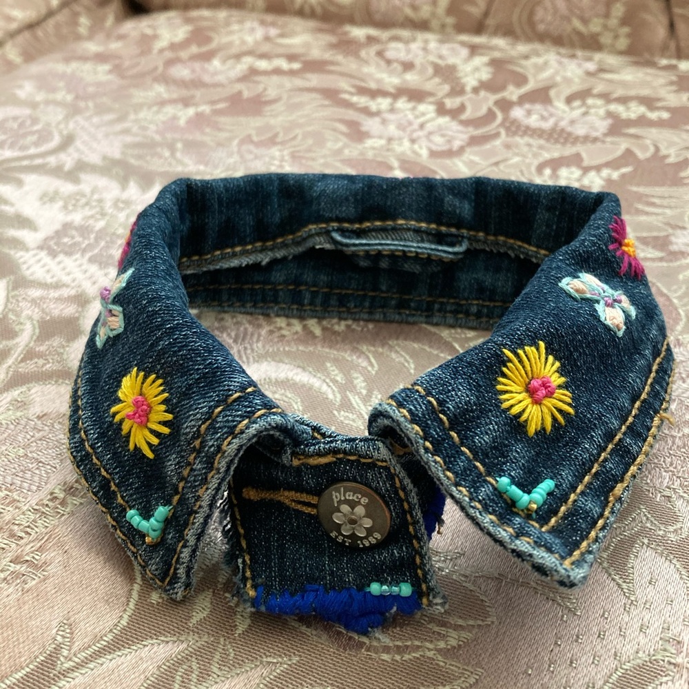 NEW hand embroidered dog color from upcycle jean jacket, snap, beads